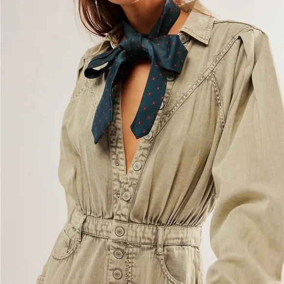 Free People Sage Denim Midi Dress Light Khaki Long Sleeve